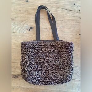 Brown Macrame Beach Bag Leather Strap Linen Lined Women’s Purse Satchel Preloved